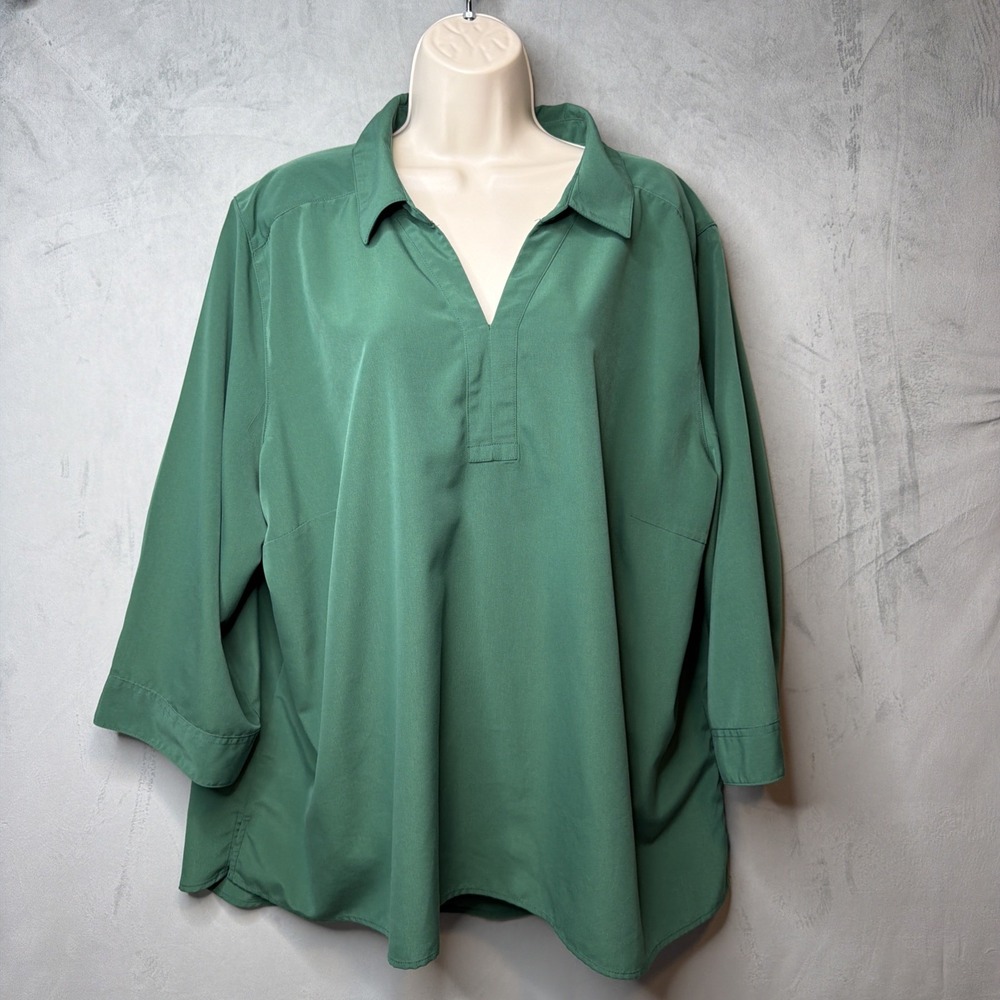 TravelSmith Womens 3X Green Tunic Blouse 3/4 Sleeve Collared Travel Top Plus